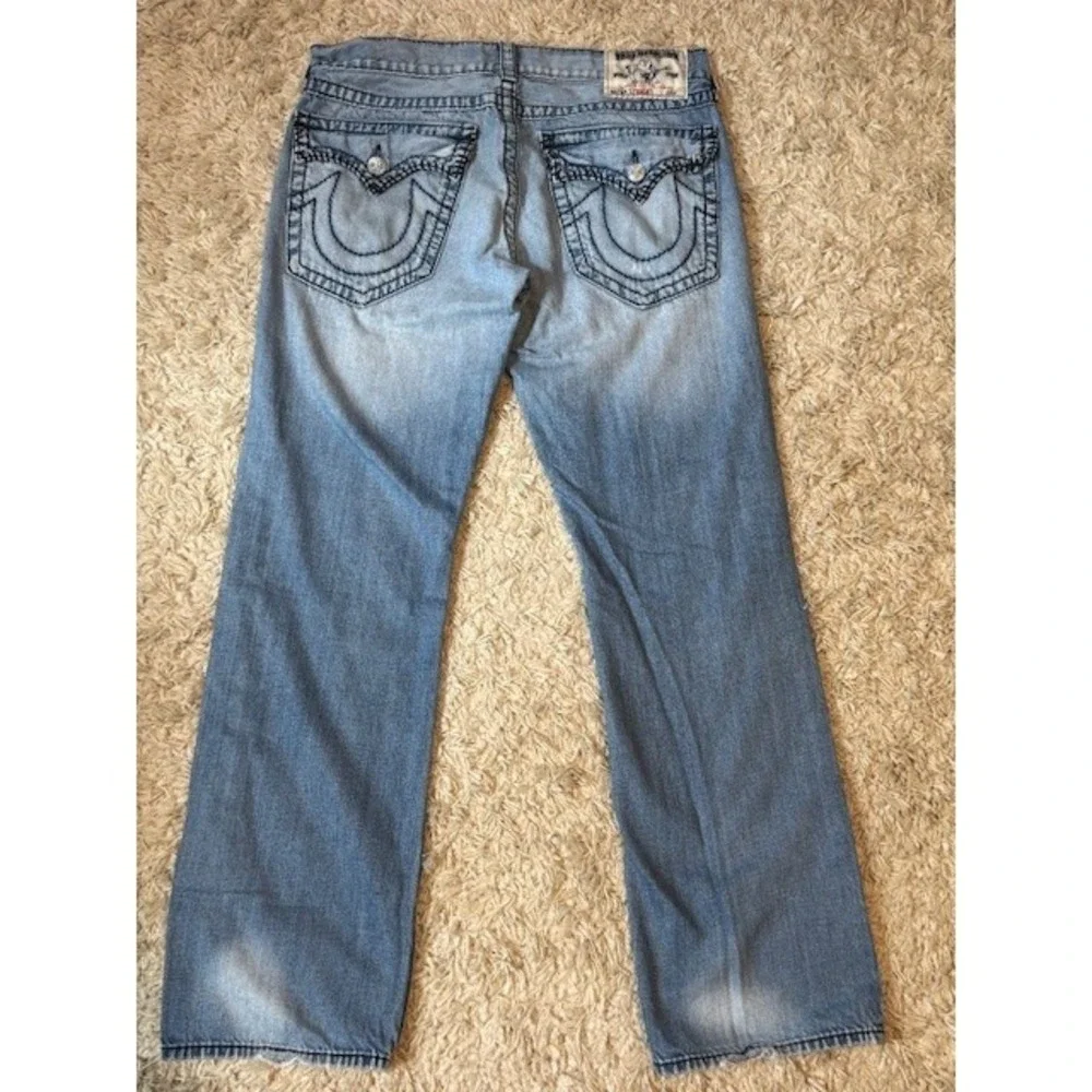 True Religion World Tour Straight Jeans 34 Made in USA‎ Light Wash Flap Y2K VTG